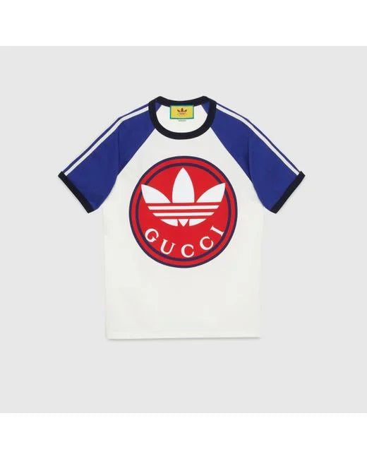 Gucci x adidas cotton jersey tee blue/white/red غوتشي x أديداس قطن جيرسي تي شيرت أزرق أبيض أحمر